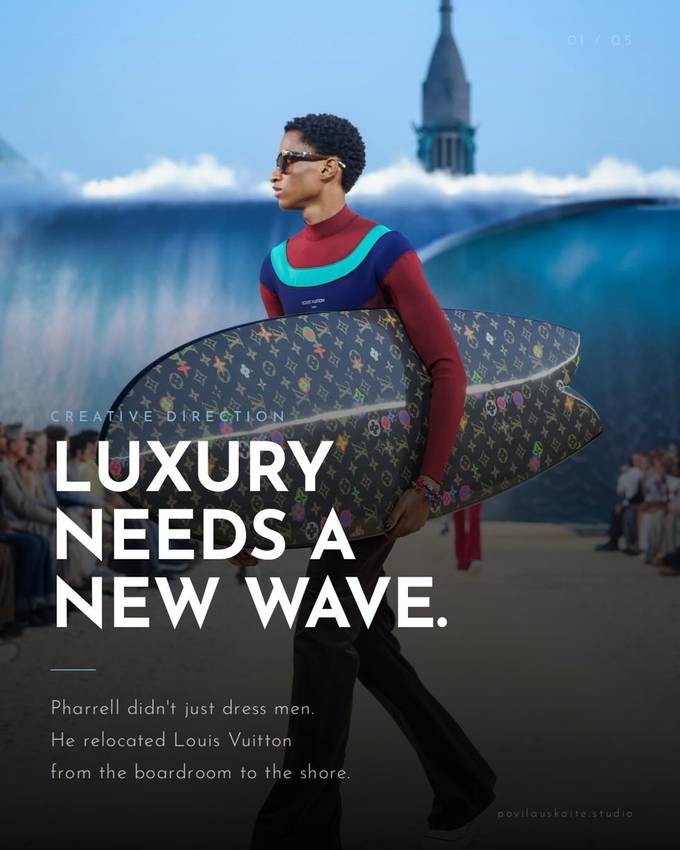 A model walking the Louis Vuitton runway in a monogram wetsuit and cap, carrying a monogrammed surfboard, with a large graphic wave and a Parisian tower in the background.