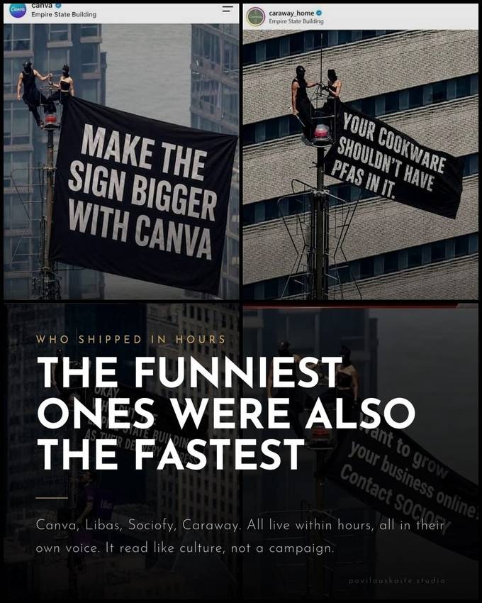 A grid of four Instagram posts from brands including Canva and Caraway, each showing a banner reading their own joke hung from the Empire State Building antenna.